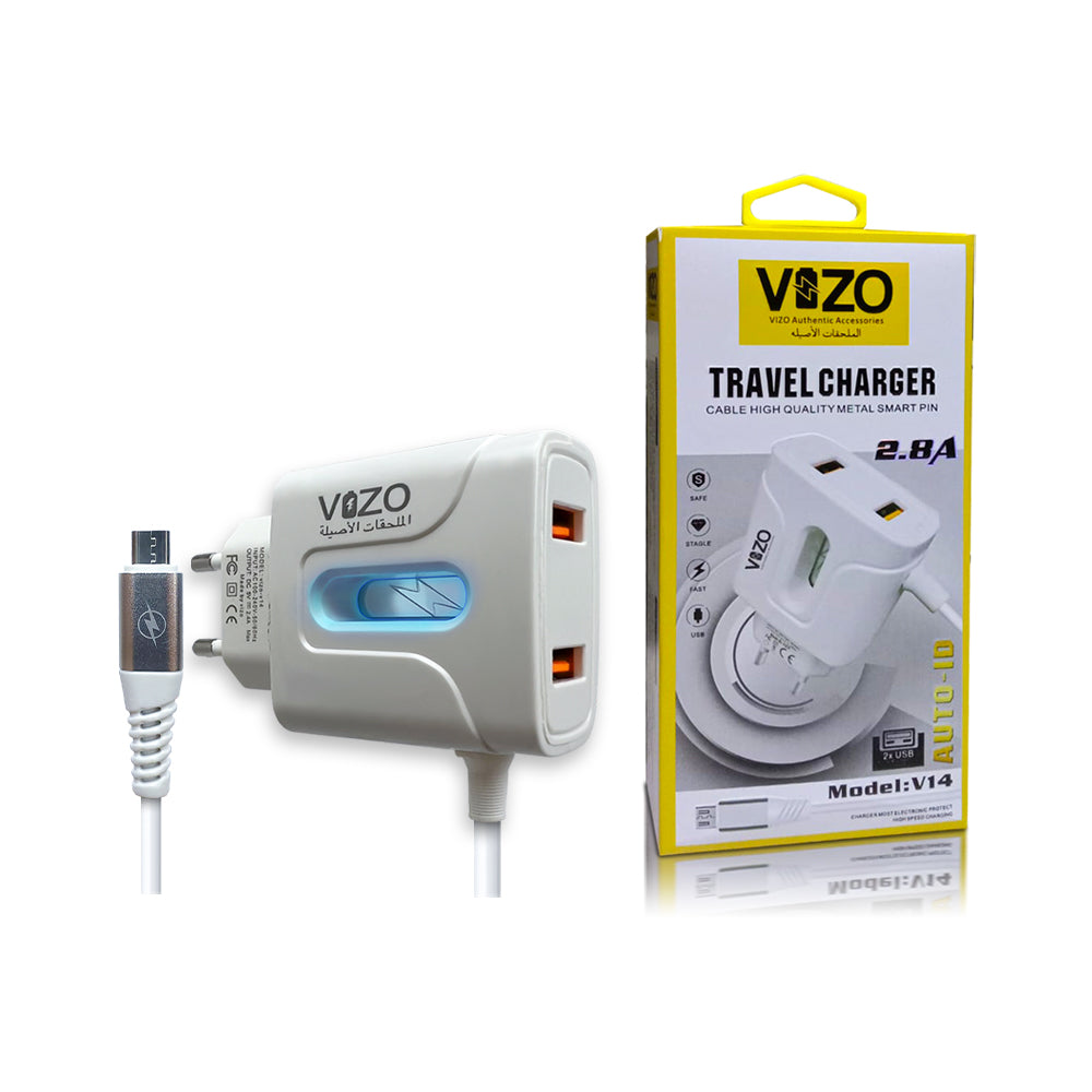 VIZO V14 Fast Charger 2.4A With Copper Connector | Android Mobile Phone Charging Adapter with Usb Data cable