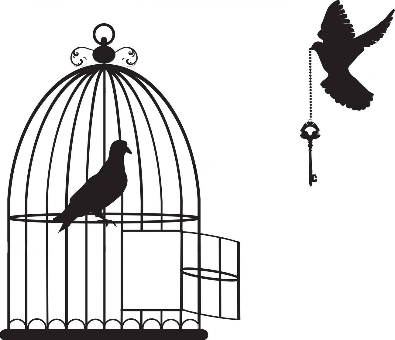 Wooden Bird Cage Open With Doves Flying With a Key Wall Stickers