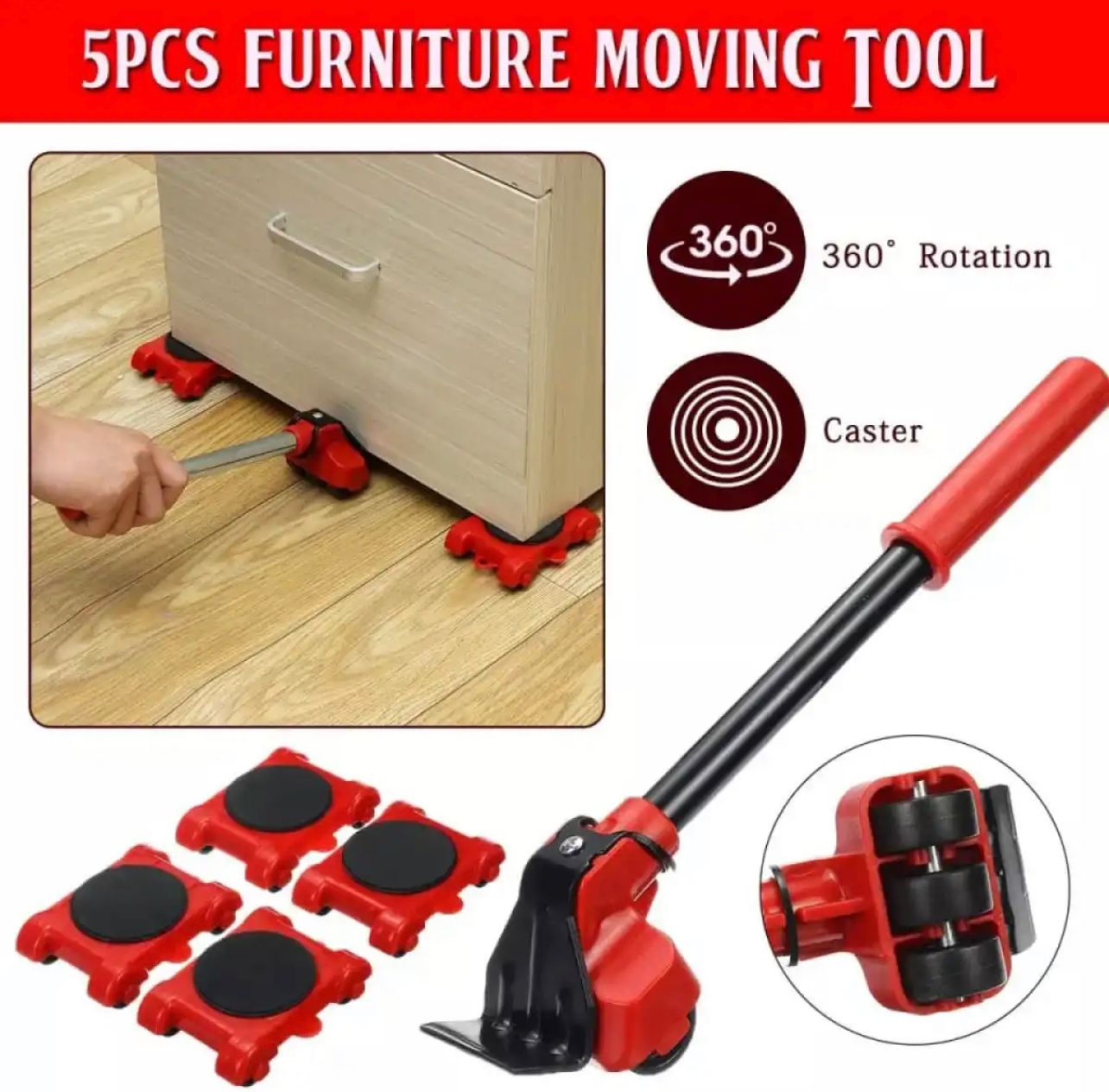 (5 in 1) Heavy Furniture Move Tool Transport Lifter Shifter Moving Kit Slider Remover Rolling Wheel Corner Mover Set.