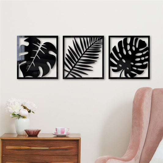 3 Pc Set Hollow Photo Frame Palm Leaves Wooden Wall Stickers (Black)