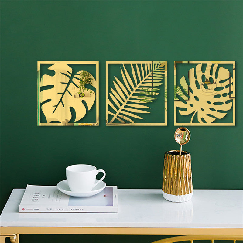 3 Pc Set Hollow Photo Frame Palm Leaves Acrylic Mirror Wall Stickers (Golden)