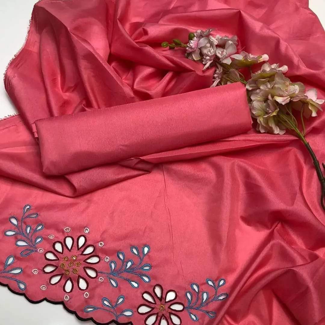 2 pcs Qattan silk unstitched cut work embriodery shirt Work on damman and sleeves Qattan silk plain trouser