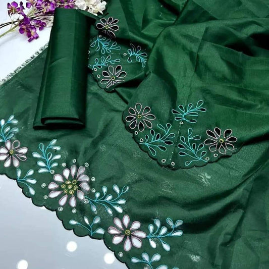 2 pcs Qattan silk unstitched cut work embriodery shirt Work on damman and sleeves Qattan silk plain trouser