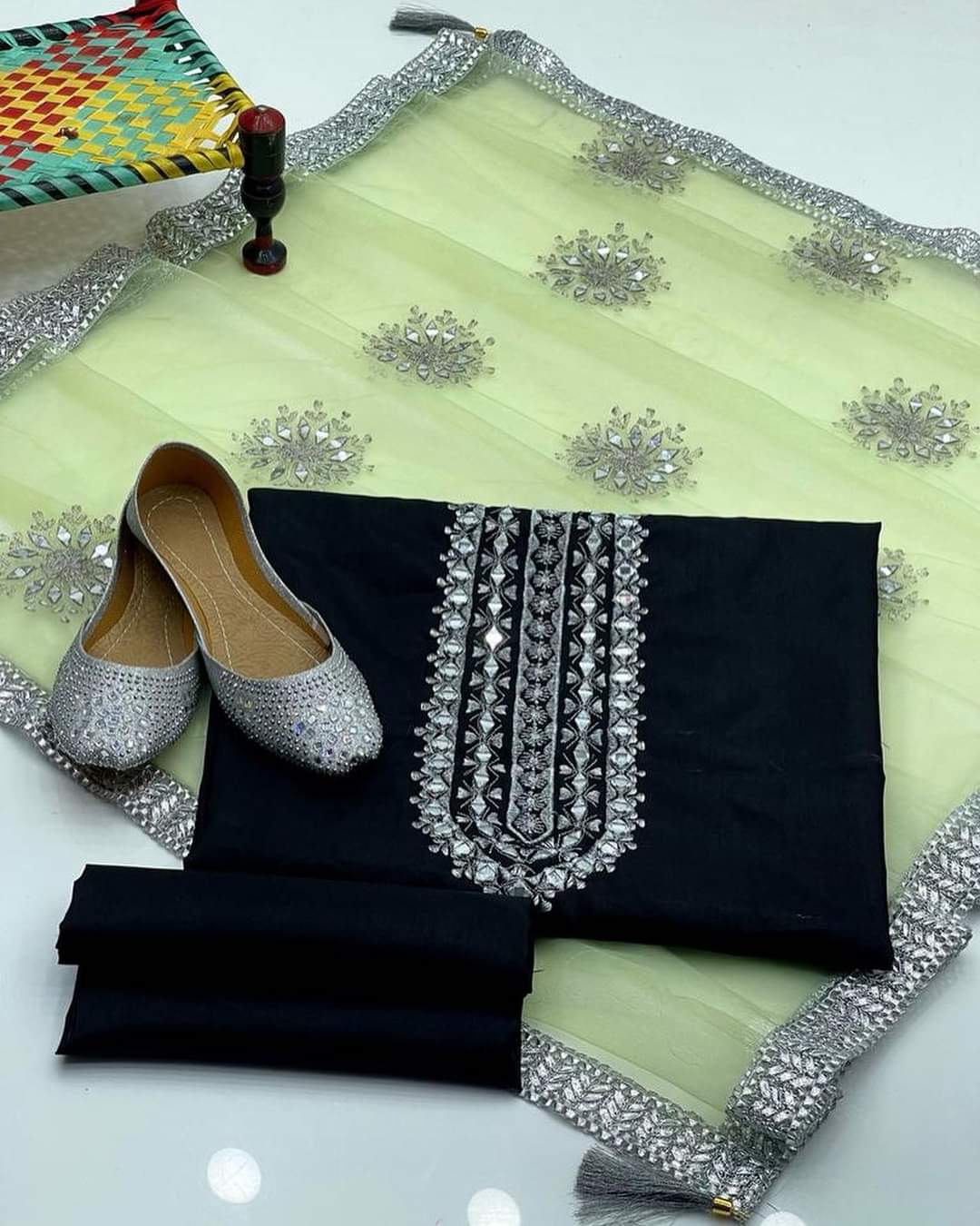 3 pice fancy suit Shirt silk katan mirror work Trouser silk katan Dupata net mirror work with free khussa