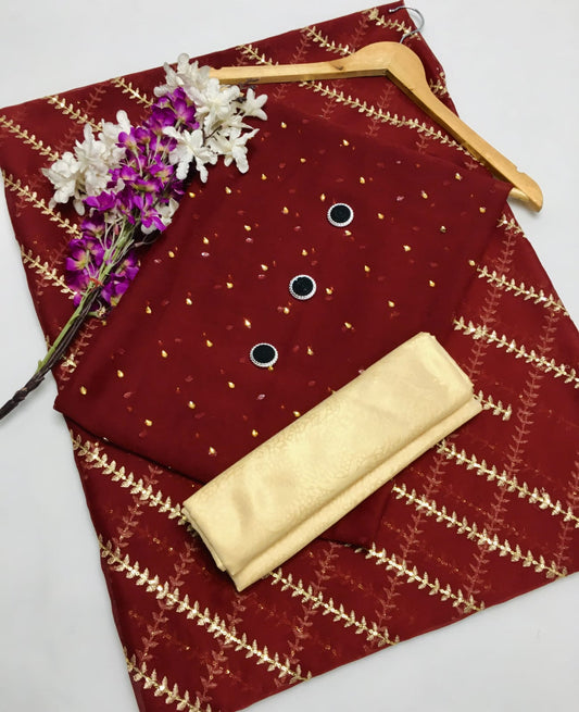 3 pce Krinkal chiffon nug work shirt Krinkal chiffon heavy embroidery dupata Meauri trouser (unstitched)