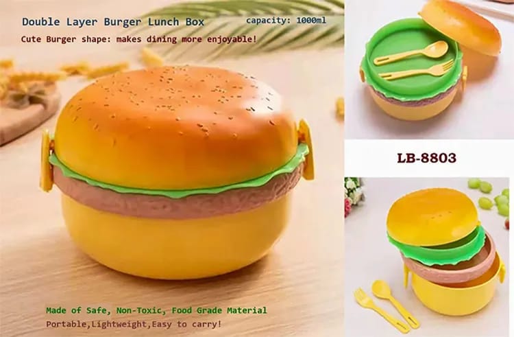 1 pc Round Cute Burger Shape Lunch Box Perfect For School Kids Office Worker 3 layer Container