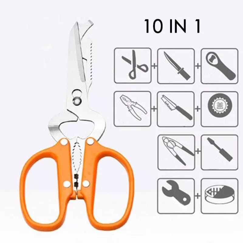 10 in 1 Detachable Stainless Steel Detachable Multifunction Stainless Poultry Kitchen Nutcracker Bottle Opener Scissors (Random Color)