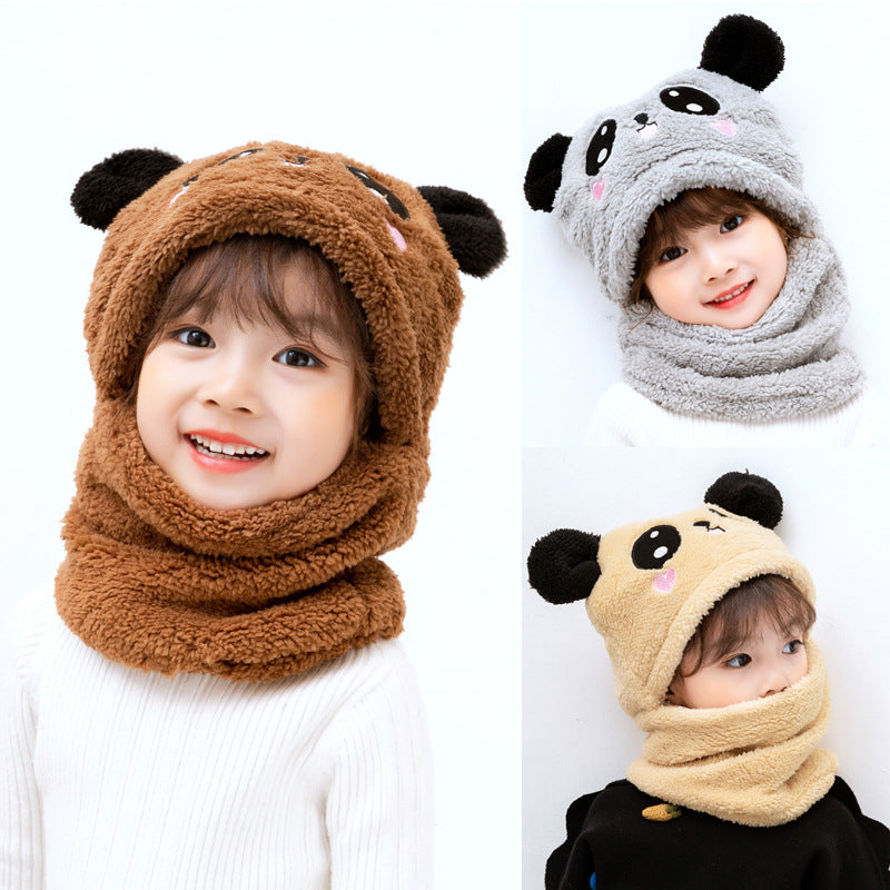 Winter Cap Baby Set Velvet Cartoon Panda Rabbit Baby Head Cover Warm Neck Collar Kids Beanies Sets Plush Children Hat Scarf(Random Color)