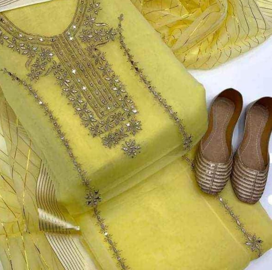 4 pcs unstitched suit Organza mirror work shirt with Khussa (Lemon yellow)