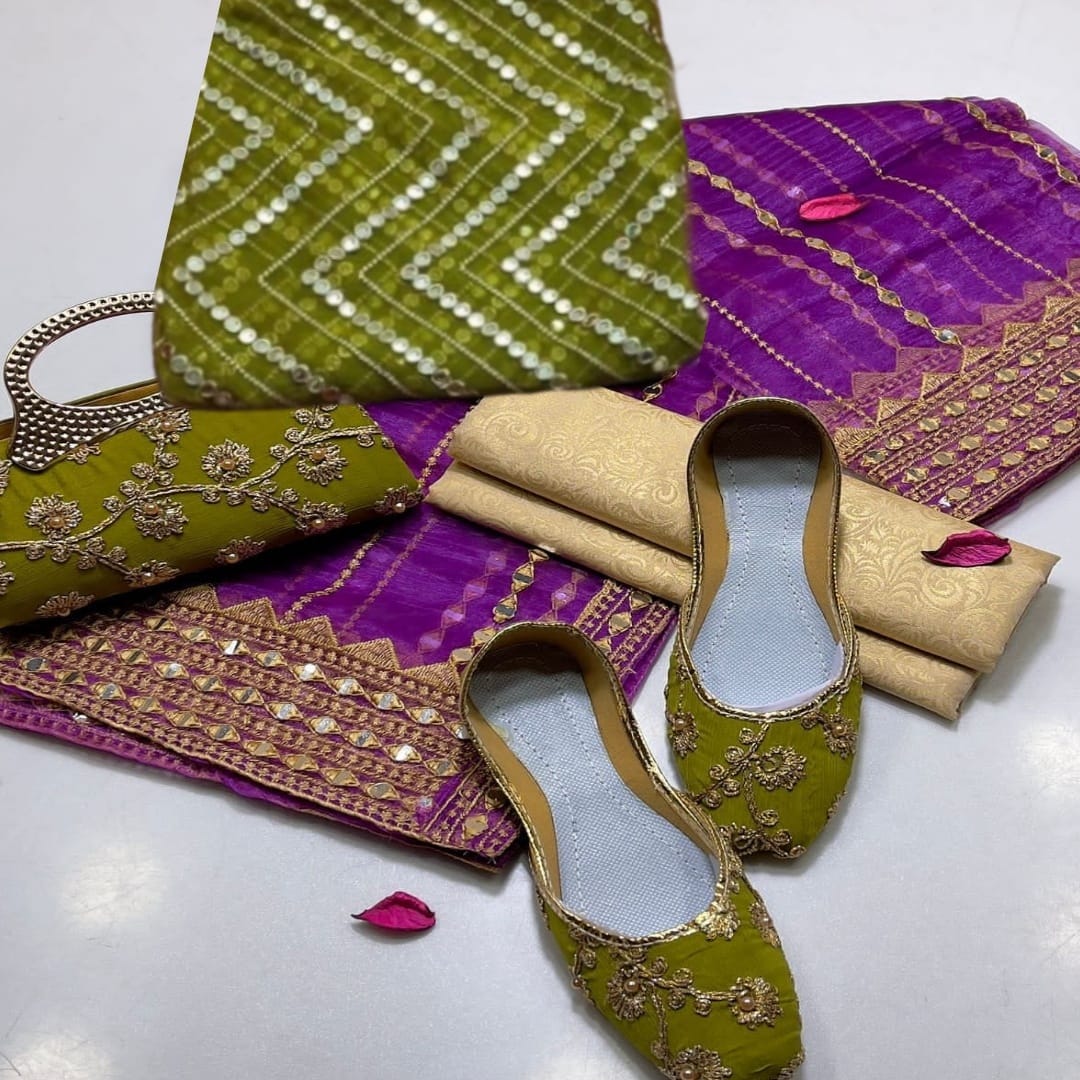 5 pcs unstitched suit wedding collection Krinkle chiffon shirt Mesuri trouser Organza dupata with Khussa ,Clutch (Dhani)