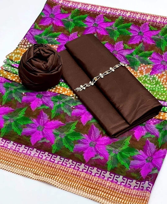 3 pcs suit Qattan silk with Neckline shirt and trouser Net floral print dupatta( brown )