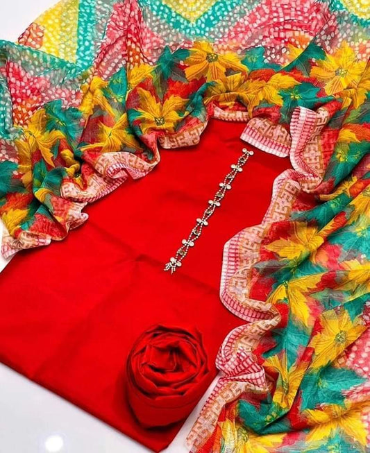 3 pcs suit Qattan silk with Neckline shirt and trouser Net floral print dupatta( red)