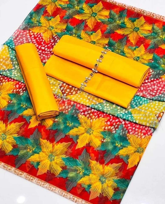 3 pcs suit Qattan silk with Neckline shirt and trouser Net floral print dupatta( Mango yellow )