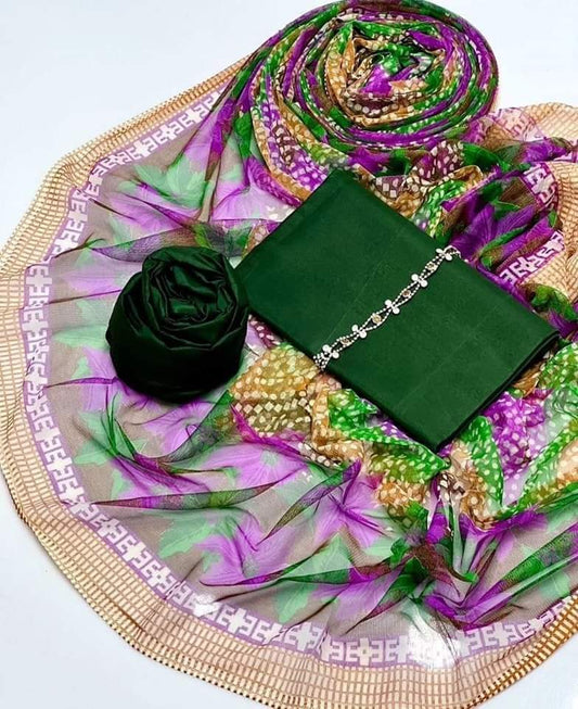 3 pcs suit Qattan silk with Neckline shirt and trouser Net floral print dupatta( Bottel green )