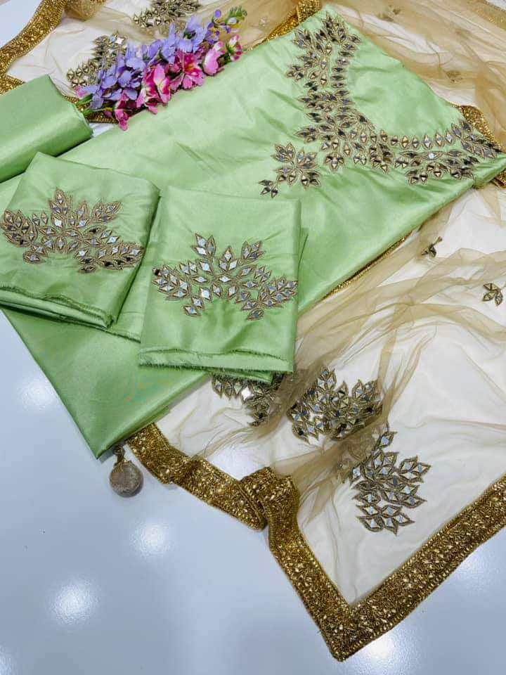 3 pcs suit Qattan silk mirror work shirt Net mirror work dupata Qattan silk trouser  (Pista)