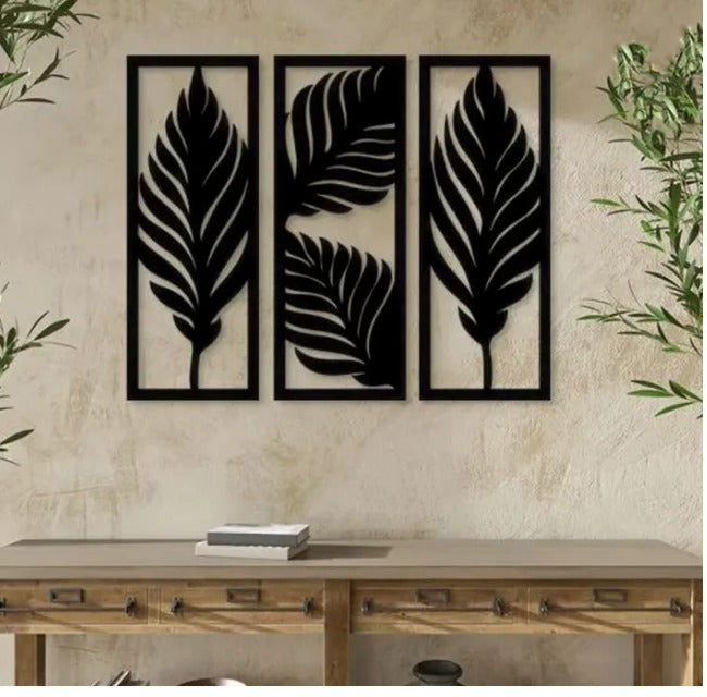 3 Frames Set Palm Leaves Wooden Wall Decoration.