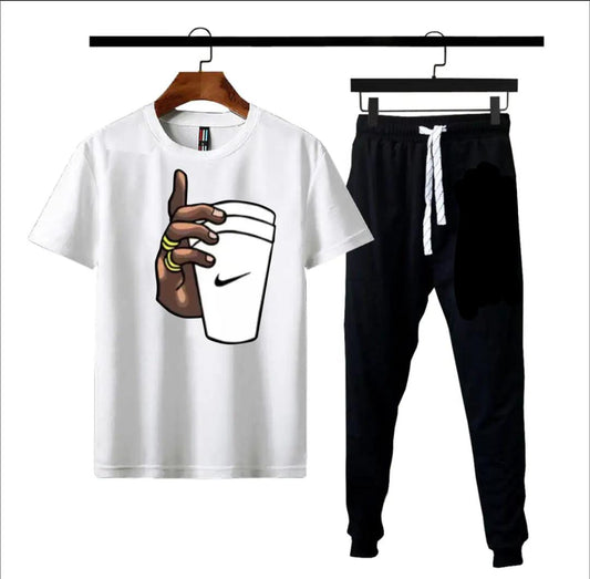 (White) Black Hand With Cup Printed gym wear Half Sleeves O Neck Trouser &amp; Tshirt Tracksuit For Men highly recommended tracksuit for Boys