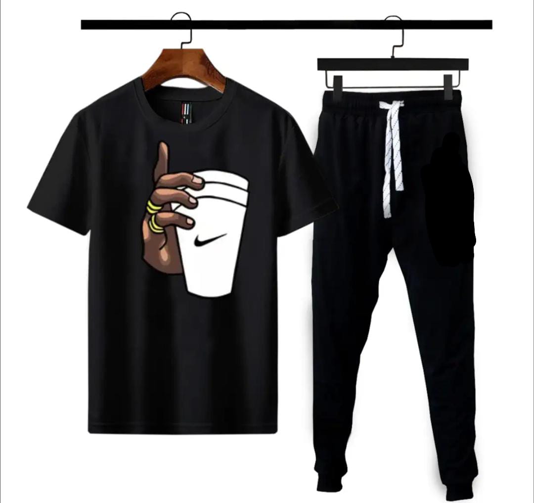 (Black) Black Hand With Cup Printed gym wear Half Sleeves O Neck Trouser &amp; Tshirt Tracksuit For Men highly recommended tracksuit for Boys