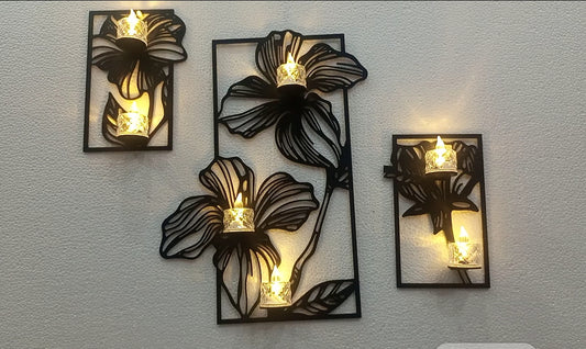 3pec set Flower candle holder  wall decoration | Wooden Candle Light Holder | Wall Sticker, Wall Decoration Black color