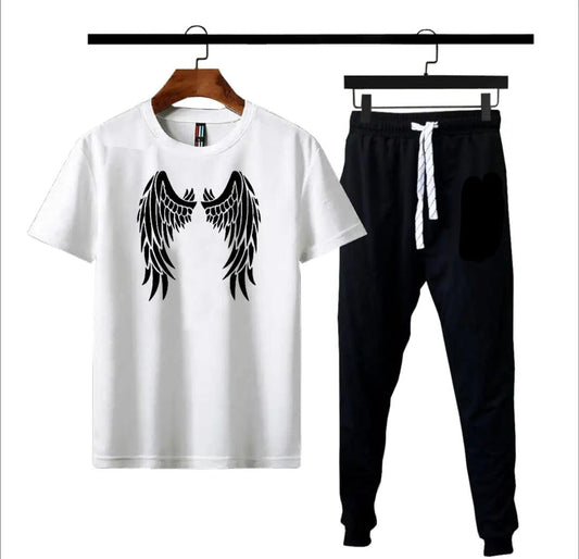 wings printed gym wear tracksuit for men&amp; boys tshirt &amp; trouser- White