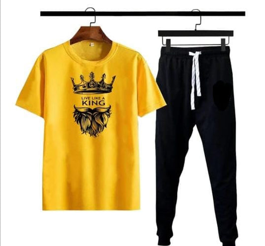 (Yellow, Black )  like a king Printed gym wear Half Sleeves O Neck Trouser &amp; Tshirt Tracksuit For Men highly recommended tracksuit for Boys