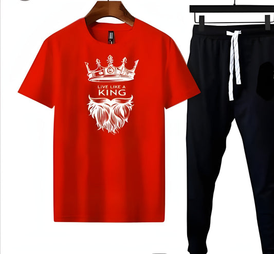 (Red) Black live like a king  Printed gym wear Half Sleeves O Neck Trouser &amp; Tshirt Tracksuit For Men highly recommended tracksuit for Boys