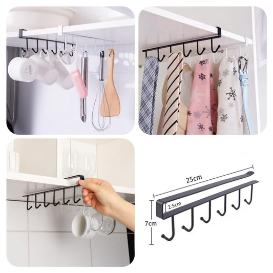 6-Hook Under-the-Shelf Mug Rack Kitchen Hanging Organizer (Random Color)