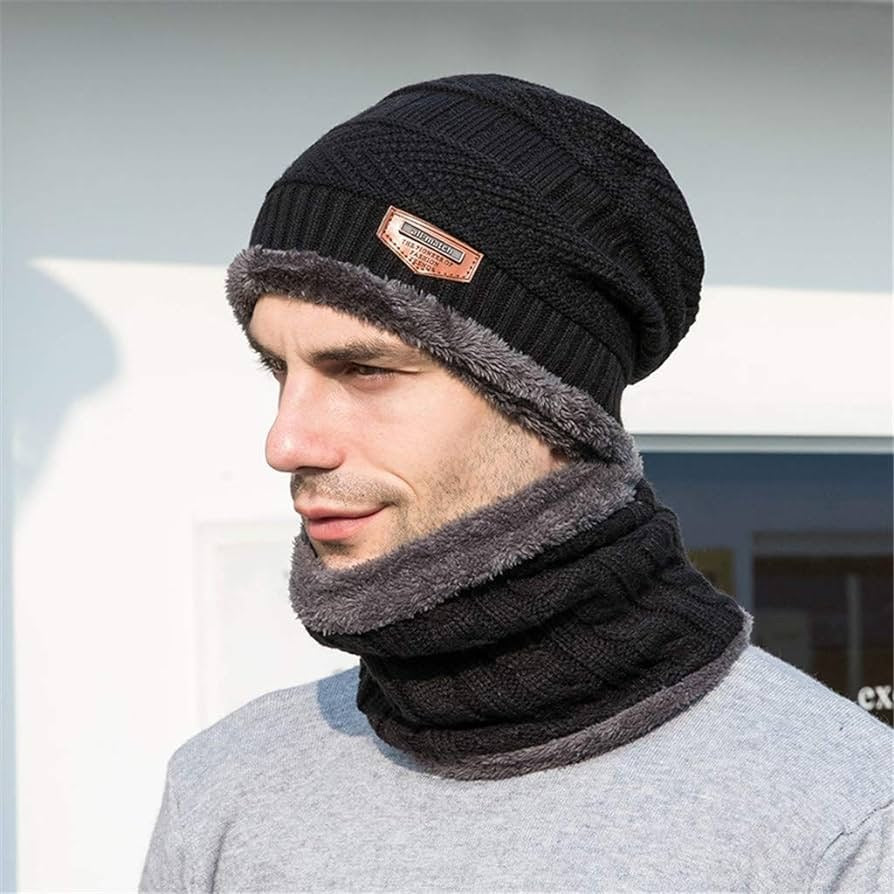 Winter Cap And Neck Elastic Knitting Thick Fleece Warm Woolen Beanie Cap Set 2 Piece